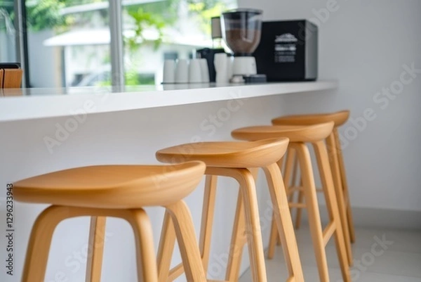 Fototapeta A minimalist coffee shop with light wood barstools, white walls, and large windows, showcasing the sleek design of its counter in natural lighting