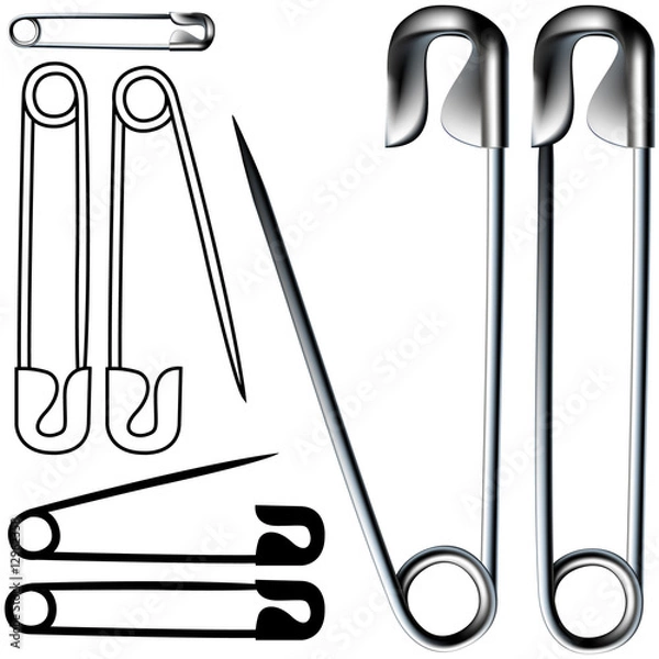 Fototapeta Safety and diaper pins - set of various types in vector