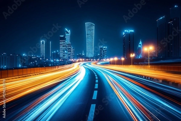 Fototapeta A vibrant nighttime cityscape showcasing illuminated skyscrapers in the central business district (CBD), highlighting urban development, modern architecture, and the dynamic energy of a metropolitan s