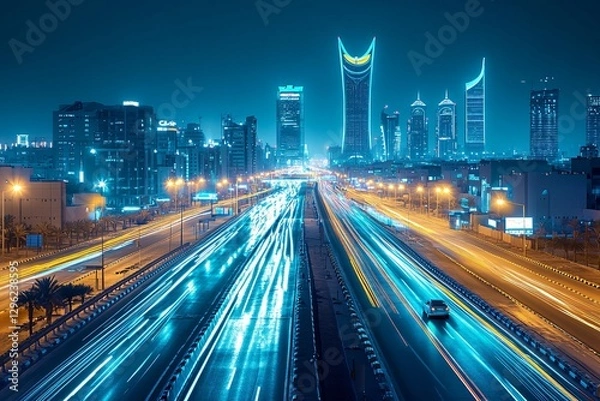 Fototapeta A vibrant nighttime cityscape showcasing illuminated skyscrapers in the central business district (CBD), highlighting urban development, modern architecture, and the dynamic energy of a metropolitan s