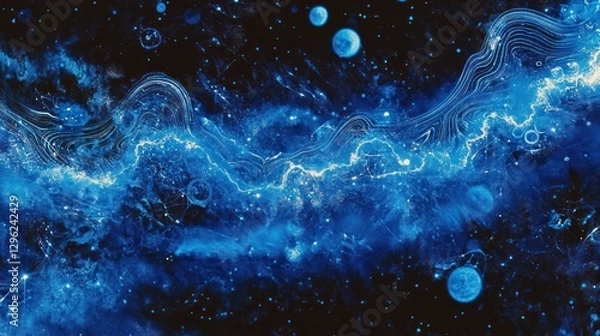 Fototapeta Blue nebula swirls, cosmic dust, space background, abstract art, website header