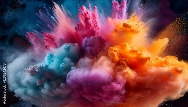 Obraz A detailed shot of soft clouds of powdered pigment dispersing in the air, with vibrant colors swirling and mixing, creating a dynamic and artistic visual effect.