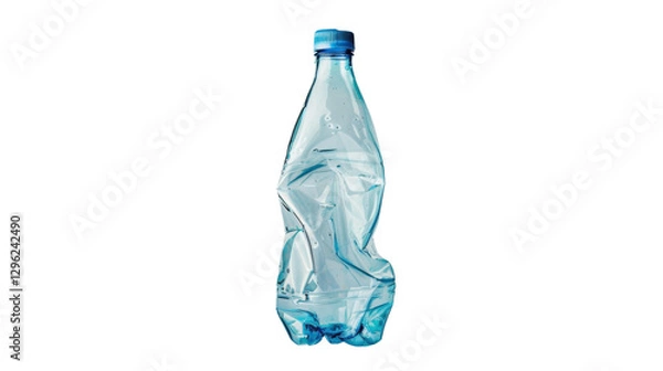 Fototapeta Crumpled empty plastic bottle with blue cap on transparent background