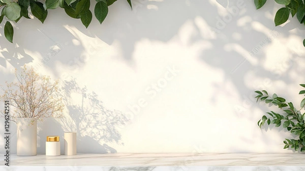 Fototapeta Lush green plant leaves hanging on a marble table casting a soft tree shadow in natural light