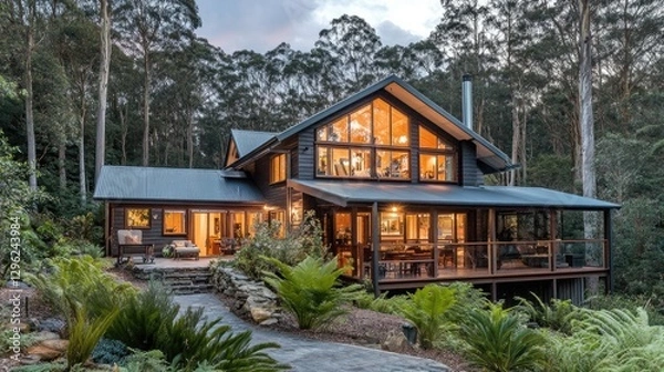 Fototapeta A contemporary home surrounded by well-placed trees that complement the house's entrance.