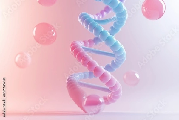 Fototapeta A colorful rendered image of a DNA double helix and spheres