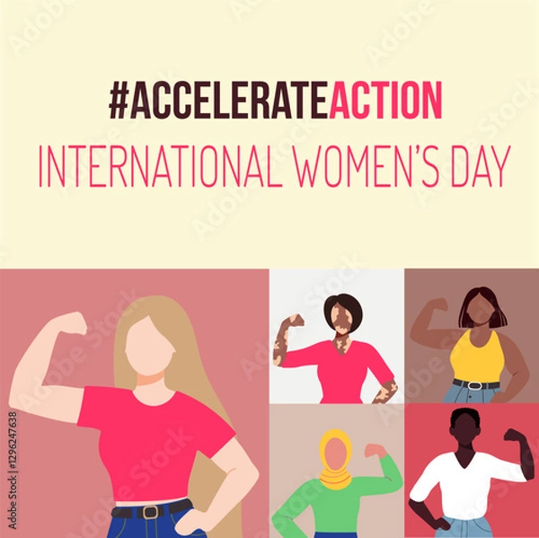 Fototapeta The image is a collage of women with different skin tones and features a pink background. The image is titled "International Women's Day"
