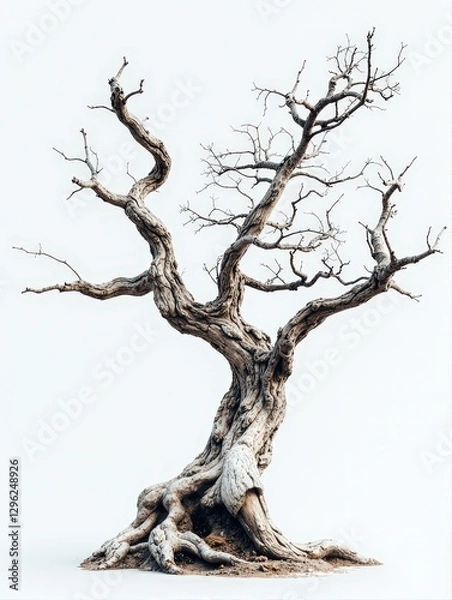 Fototapeta Image of an isolated, old, dead tree with gnarled branches and exposed roots against a white background.