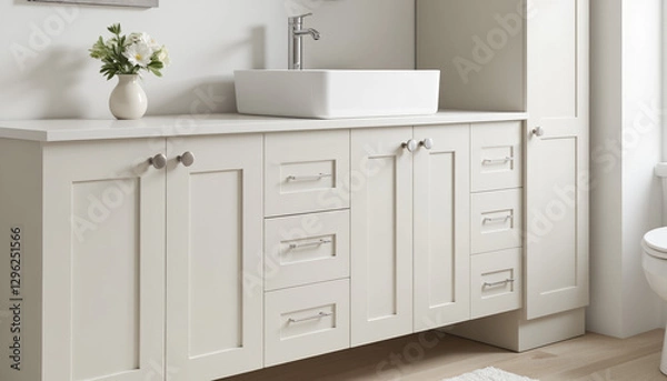 Obraz Minimalist floating vanity with white sink and taupe cabinetry, elegant design
