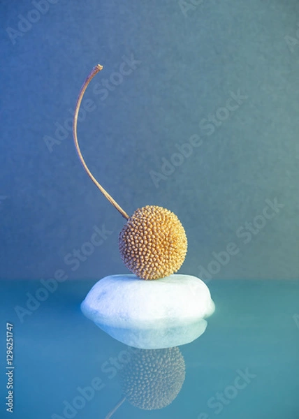 Obraz Still life photography. Staged with plane tree fruit on limestone in blue water. Studio photograph of a plant, seed and achenes on a blue background.