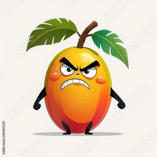 Fototapeta Cartoon mango with angry face. Orange fruit character with green leaves and black arms stands on white background. Illustration.