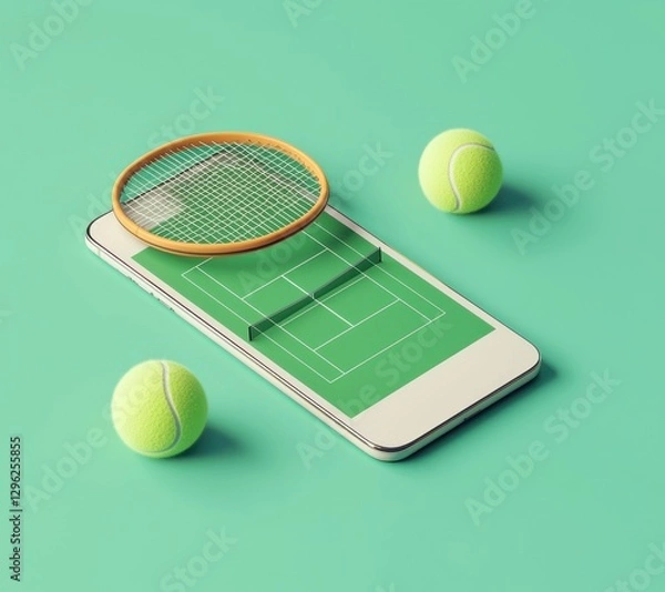 Fototapeta Smartphone Tennis Game Concept with Racket and Balls on Green Background