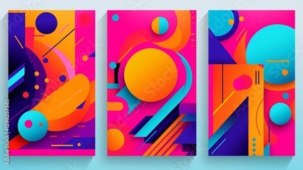 Fototapeta Colorful neo geometric poster. Grid with color geometrical shapes. Modern abstract promotional flyer background vector illustration set. Geometric template poster, brochure neo pattern with background