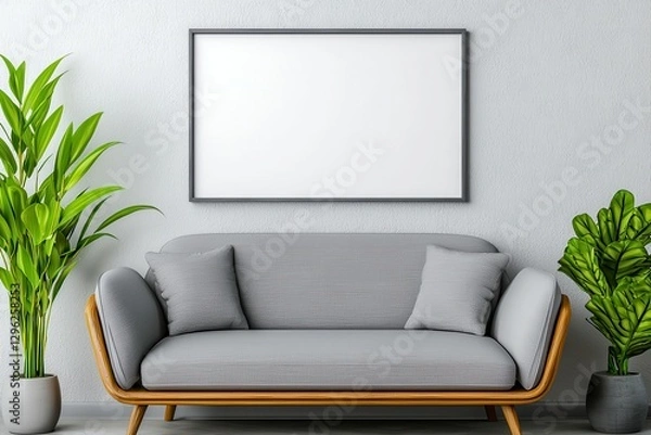Fototapeta Comfortable couch surrounded by lush green plant creating a cozy and inviting ambiance in a relaxing living room