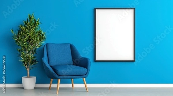 Fototapeta Bright and airy room showcasing a modern blue chair accompanied by a beautiful potted plant for a fresh look