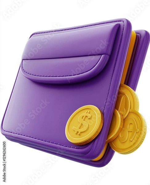 Obraz 3D icon of a purple wallet with three gold coins flying out Ui design elements