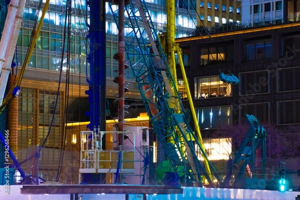 Obraz Cranes at the under construction in Marunouchi Tokyo at night