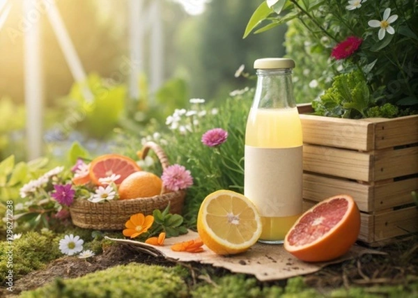 Fototapeta Fresh Citrus Juice Bottle and Fruit in Garden Setting