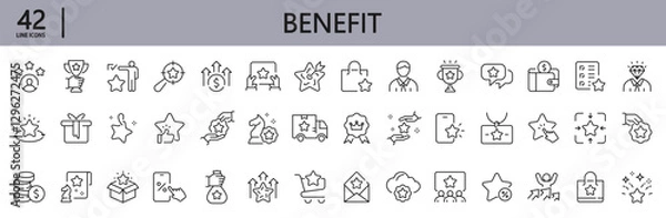 Obraz Benefit line icons set with Present, Benefit, Coupon, Reward, Card, Profit, Star, Gift and more. Editable Stroke