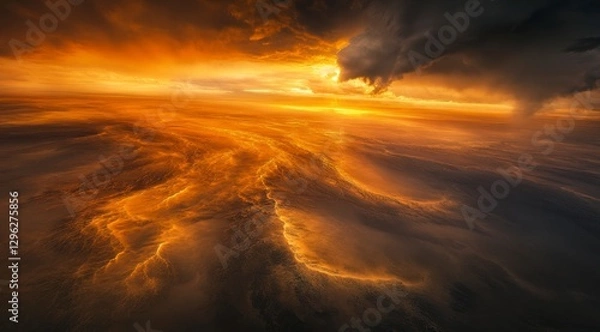 Fototapeta Dramatic Sunset Over Rolling Clouds and Ocean Waves at Dusk
