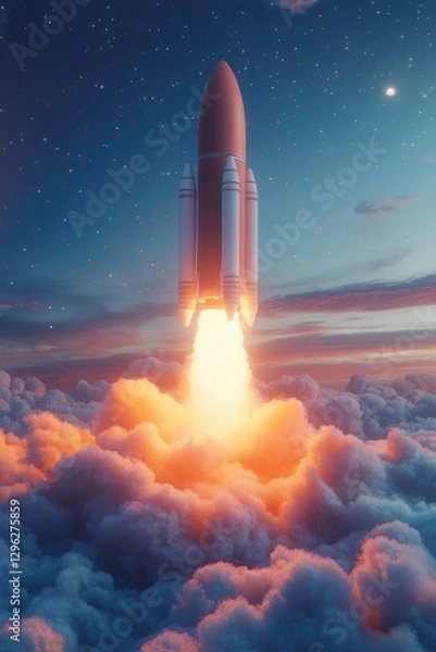 Fototapeta A rocket blasts off through the clouds into the starry night sky