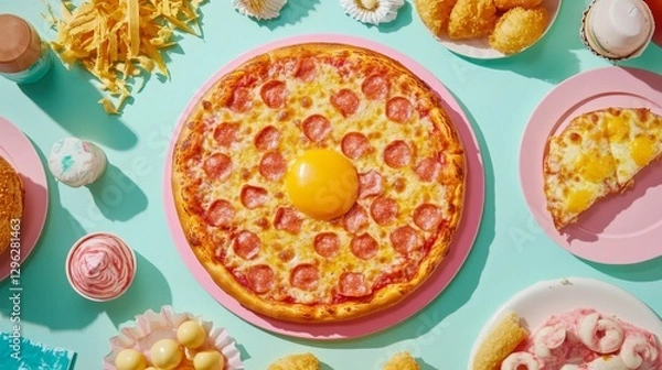 Fototapeta Pizza with pepperoni and a yolk in the center