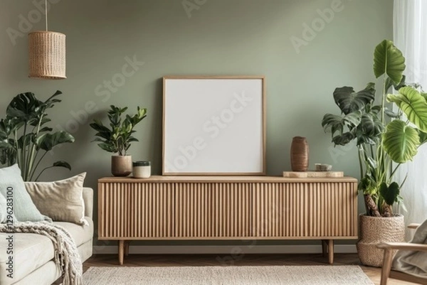 Fototapeta Wooden sideboard and a blank 1:1 square poster frame, mock up modern interior decor featuring a blank poster frame against a green wall with stylish furniture and greenery enhancing the ambiance