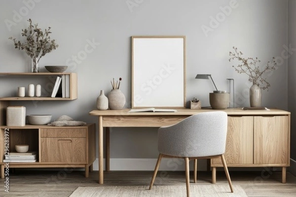 Fototapeta Minimalist workspace with a poster frame mockup and natural decor elements waiting for inspiration