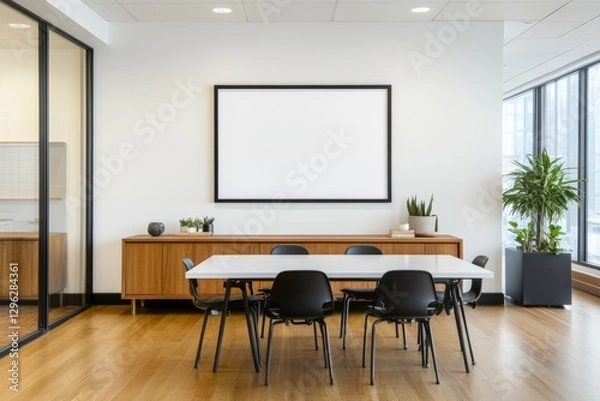 Fototapeta modern Scandinavian dining area with a wooden sideboard and a blank 4:3 poster frame against a crisp white wall. Black-and-white accents are incorporated