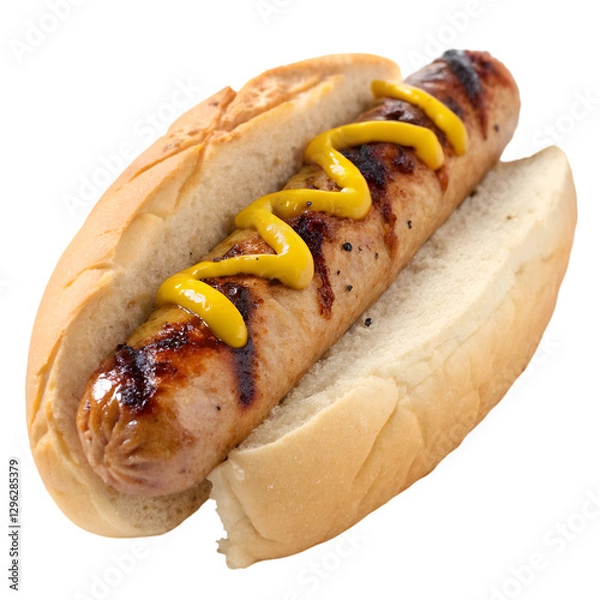 Fototapeta Grilled bratwurst with mustard on bun isolated on transparent background