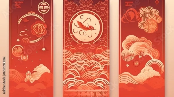 Fototapeta Chinese new year  year of the Snake. Vertical abstract greeting cards, banners. Red traditional Chinese vector designs with lanterns. Lunar new year concept, linear abstract modern design
