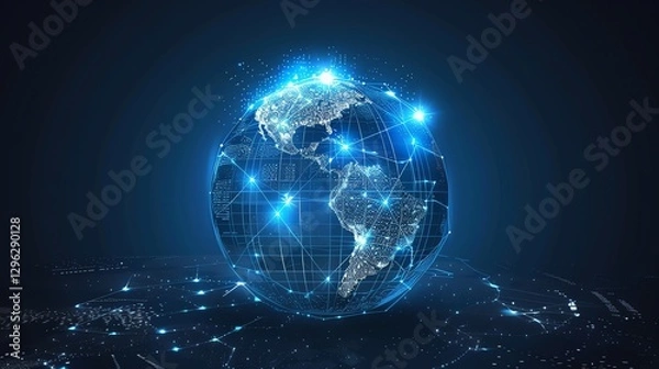 Fototapeta A digital representation of the earth with glowing lines connecting continents.