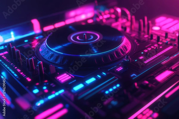 Fototapeta A cyberpunk-inspired 3D abstract background where a DJ turntable glows with neon energy. Pulsing digital sound bars rise and fall, forming a rhythmic visualization of high-tech music production, beats