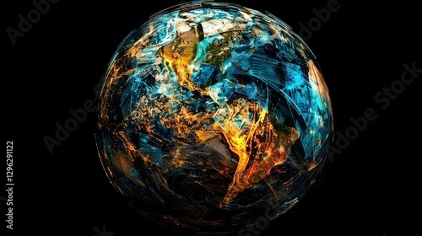 Fototapeta A stylized, abstract rendering of planet Earth with glowing lines and dots, set against a black background.
