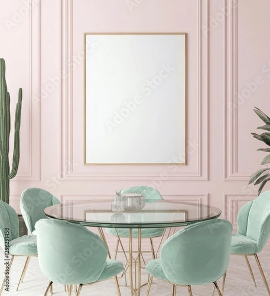 Fototapeta Elegant Dining Room with Mint Green Chairs and Minimalist Decor