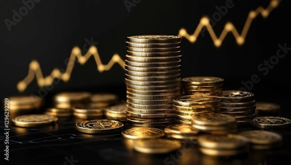 Fototapeta Golden Coins Stack and Rising Graph on Black Background