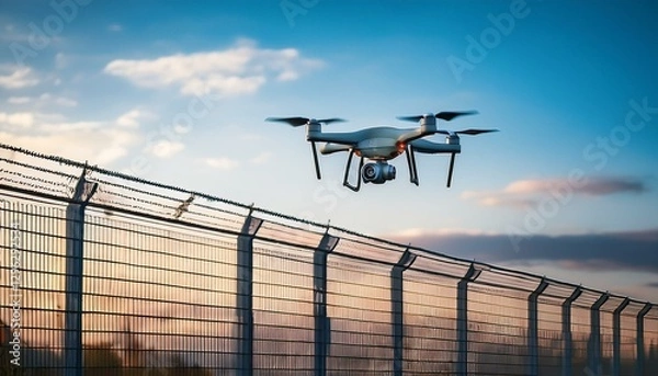 Fototapeta surveillance drone hovering above a security fence utilizing advanced technology for border control migration monitoring and modern security operations