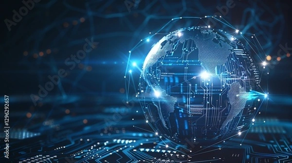 Fototapeta An abstract digital globe with glowing blue lines and a circuit board in the background.