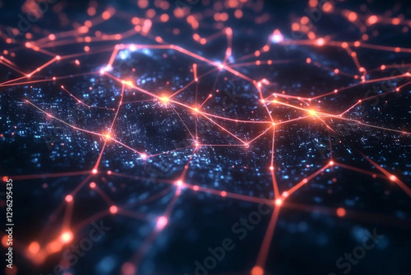 Fototapeta A high-tech 3D abstract background displaying an interconnected web of glowing, holographic filaments, forming an intricate network of data streams. The deep reflections and soft neon pulses create a