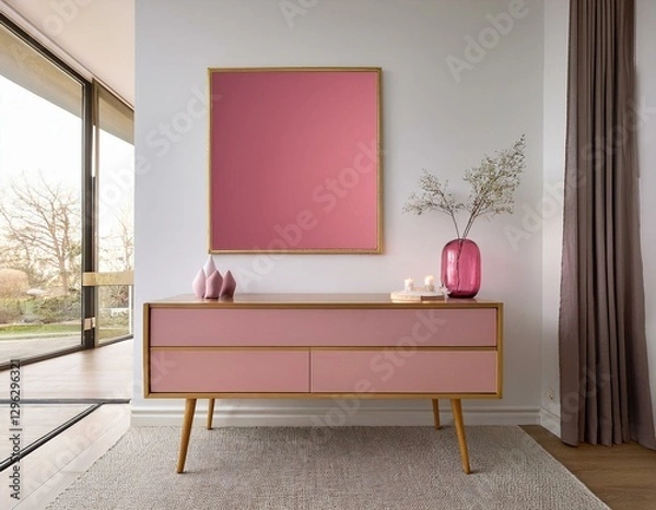 Fototapeta minimalist interior with a pink transparent console table wooden framed blank poster and intricate wall details on white walls showcasing modern design