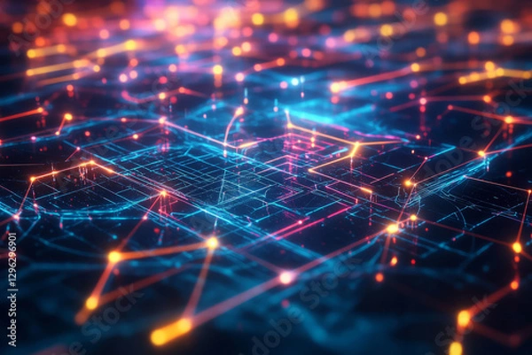 Fototapeta A high-tech 3D abstract background displaying a vast, crystalline network of interconnected, glowing holograms. The intricate patterns and neon lights create a mesmerizing digital landscape.