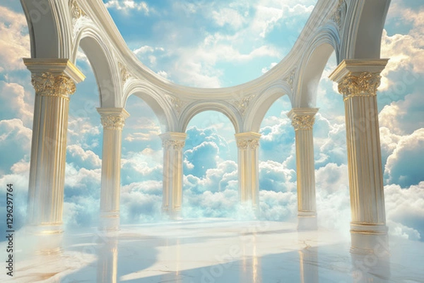 Fototapeta A floating sky palace 3D background room with open archways revealing a breathtaking cloudscape. The ethereal architecture features shimmering golden columns and a soft blue glow, creating a heavenly