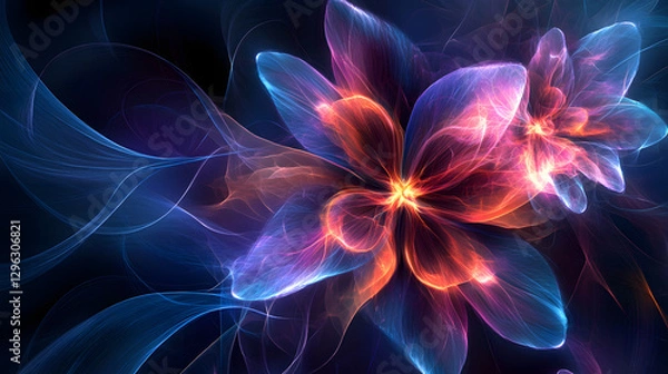 Fototapeta Flowers with iridescent colors and light effects, white lines, purple and blue gradients

