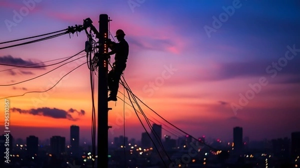 Obraz A man is working on a power line pole at sunset. The sky is a beautiful mix of orange and pink hues, creating a serene and peaceful atmosphere