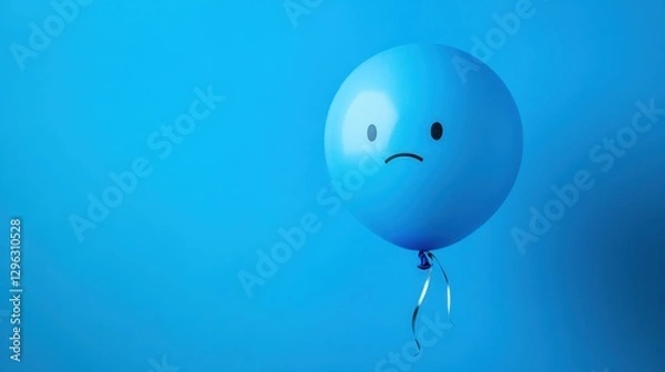 Fototapeta A solitary blue balloon, adorned with a melancholic face, floats serenely against a vast expanse of vibrant blue, symbolizing the somber atmosphere of a blue Monday, a reminder of the end of the week.