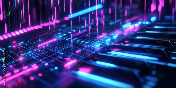 Fototapeta A high-tech 3D music background showcasing a cybernetic synthesizer with glowing keys that pulsate with sound waves. The neon energy forms a futuristic, abstract visualization of electronic music and