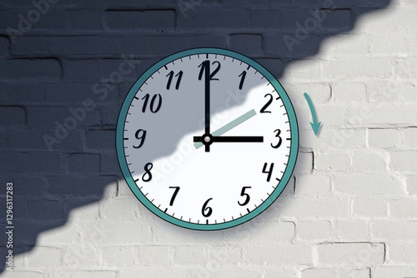 Fototapeta The clock shows its hands moving forward from 2 a.m. to 3 a.m., marking the daylight saving time transition from winter to spring. Against a white brick wall, divided in half by a shadow.