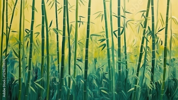 Fototapeta A tranquil bamboo forest scene with vibrant green stalks reaching high above, creating a calming and meditative natural setting