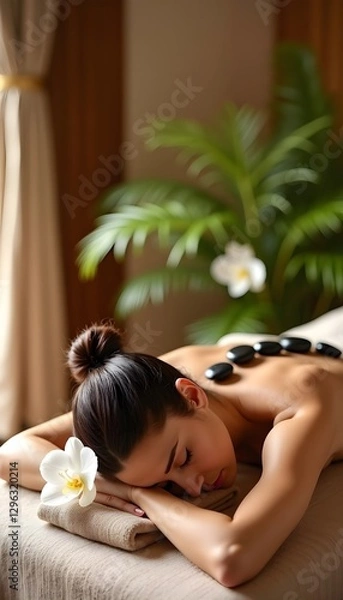 Fototapeta High-angle view of a young woman enjoying a hot stone therapy session on a massage bed at a spa and wellness center
