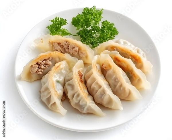Fototapeta Gyoza, dumplings or pot stickers with ground meat and vegetables on a white plate, isolated on a white background, Generative AI